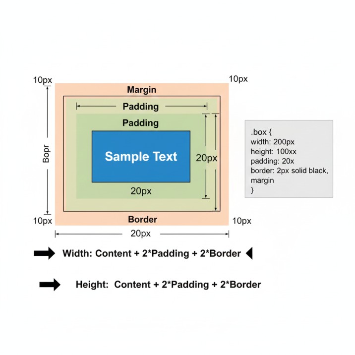 CSS box model diagram illustrating content area, padding, border, and margin with dimension calculations
