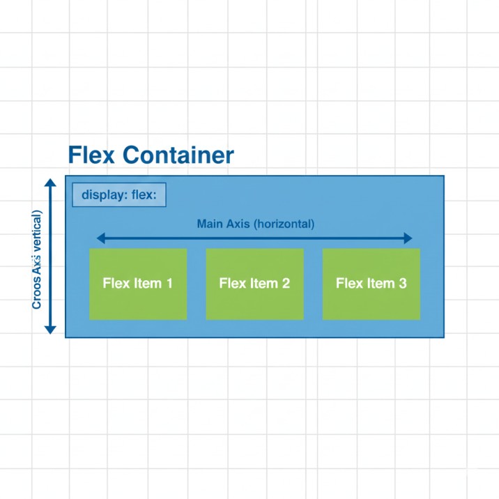 CSS Flexbox container and items relationship diagram illustrating main axis and cross axis with labeled elements