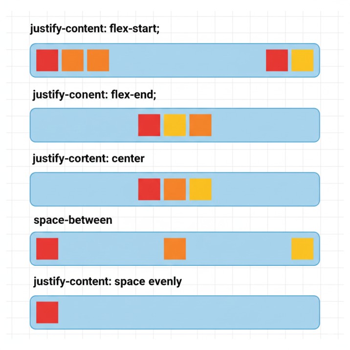 CSS Flexbox justify-content property values comparison showing flex-start, flex-end, center, space-between, and space-evenly