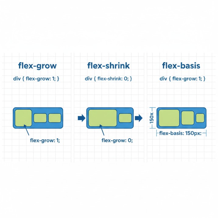 CSS Flexbox item properties comparison chart explaining flex-grow, flex-shrink, and flex-basis with visual examples