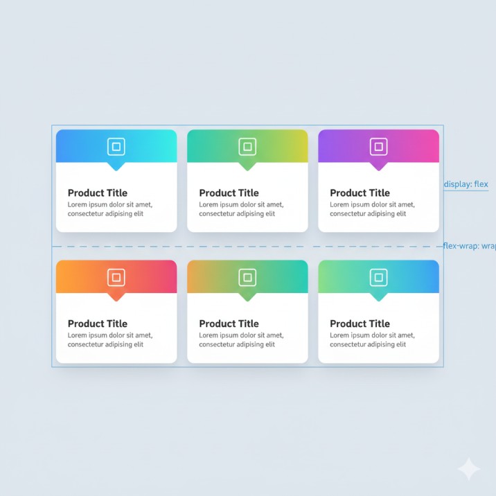 Responsive card layout using CSS Flexbox with flex-wrap showing automatic wrapping behavior across multiple rows