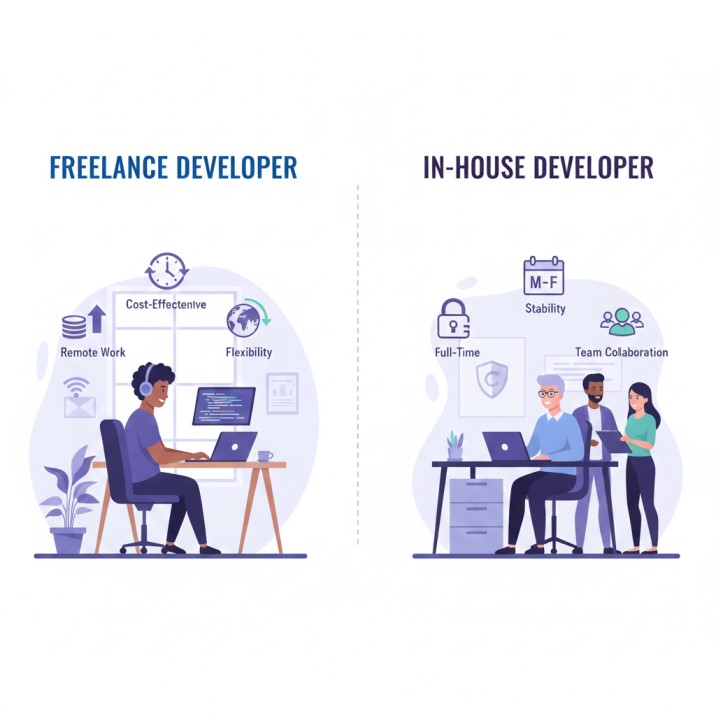 Visual comparison between freelance full-stack developer and in-house developer showing cost and flexibility differences