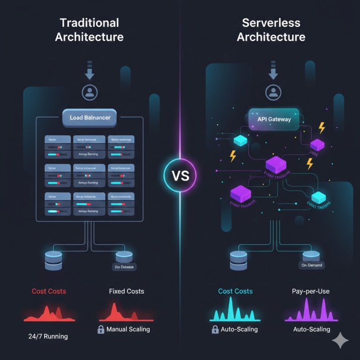 Serverless architecture vs traditional server comparison for SaaS applications showing cost efficiency, auto-scaling benefits, and modern SaaS architecture best practices