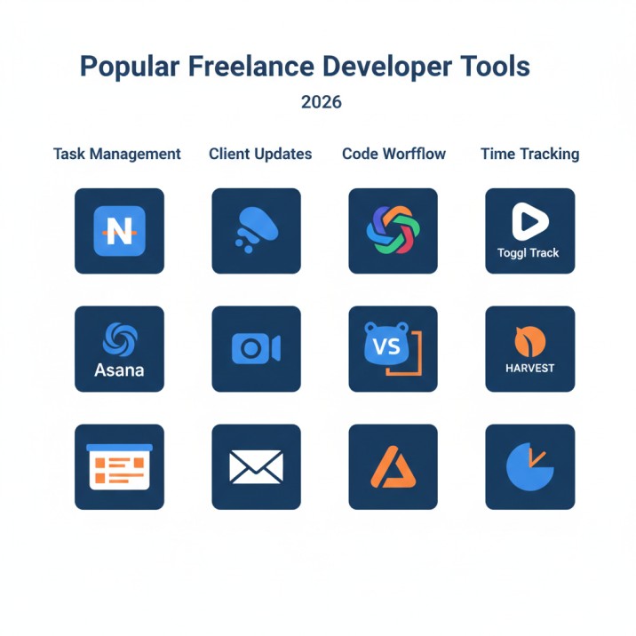 Freelance developer tools 2026 stack showing project management,
communication and development workflow tools used by solo developers