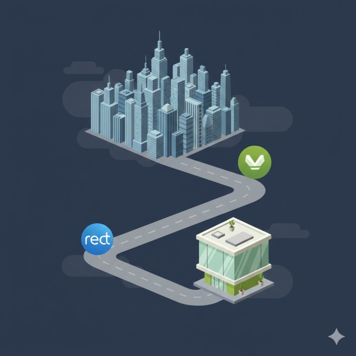 Illustration showing React path for enterprise apps and Vue path for startup projects