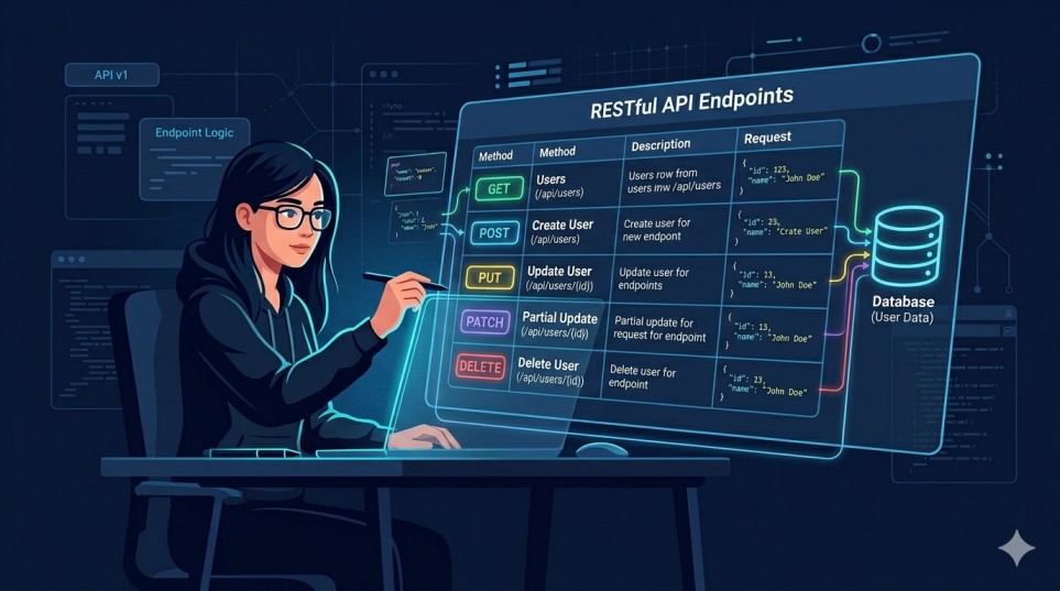 Laravel REST API endpoint design conventions table showing GET, POST, PUT, PATCH and DELETE HTTP methods with status codes, Laravel REST API tutorial 2026, PHP developer for hire