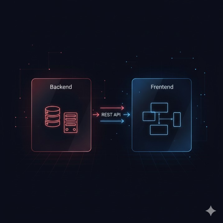 Laravel REST API backend connected to React frontend architecture diagram for full-stack web development, Laravel React full stack setup