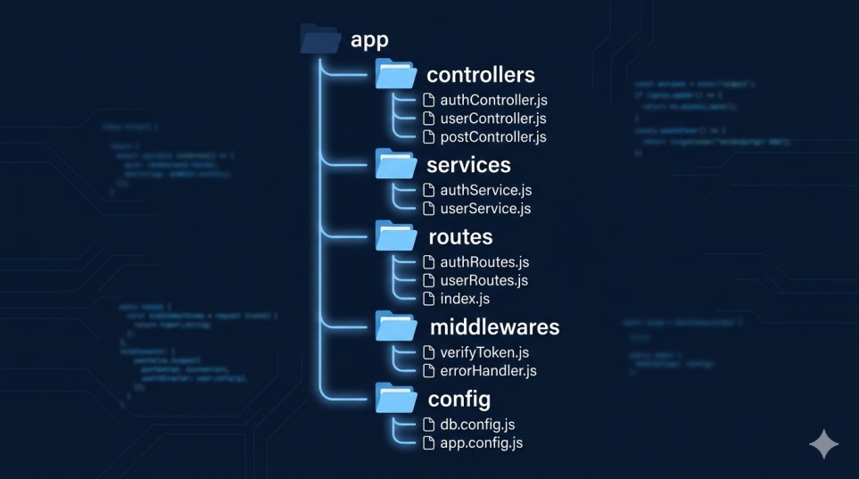 Node.js API production folder structure showing controllers, services, routes, middlewares and config layers, hire nodejs freelancer