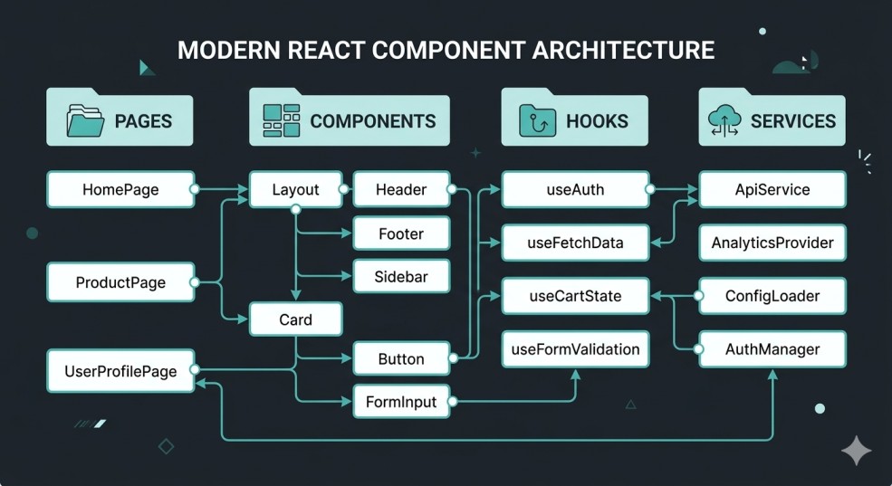React frontend folder structure showing pages, components, hooks and services architecture, full-stack web developer for hire